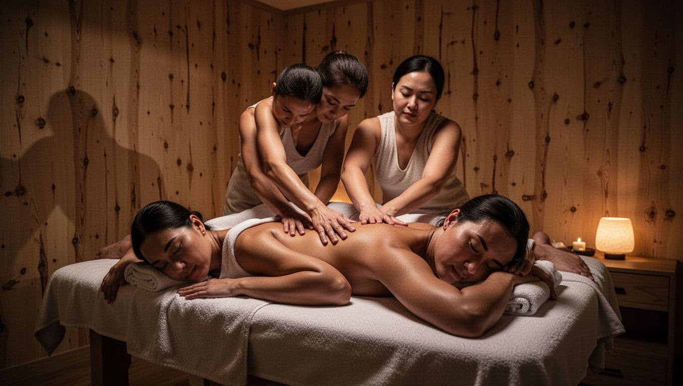 Couples Massage in Kenya: What to Expect and How to Choose 2 A couple receiving a relaxing massage together in a warm spa room.