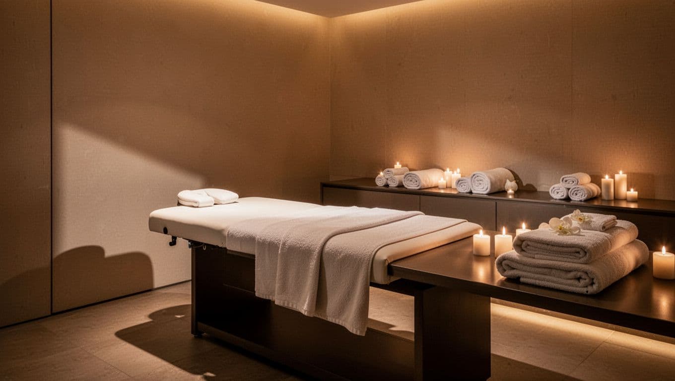A calm spa room with a massage table and warm lighting.