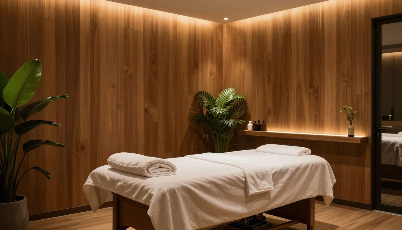 A modern spa room with a massage table, wooden details, and green plants.