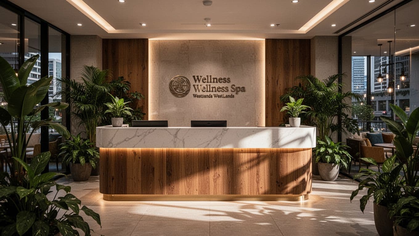 A warm wooden reception desk with green plants inside a luxury spa.
