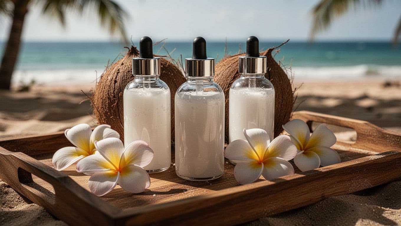 Full Body Massage Mombasa: How to Choose Well 2 Coconut and massage oils with frangipani flowers on a wooden tray.