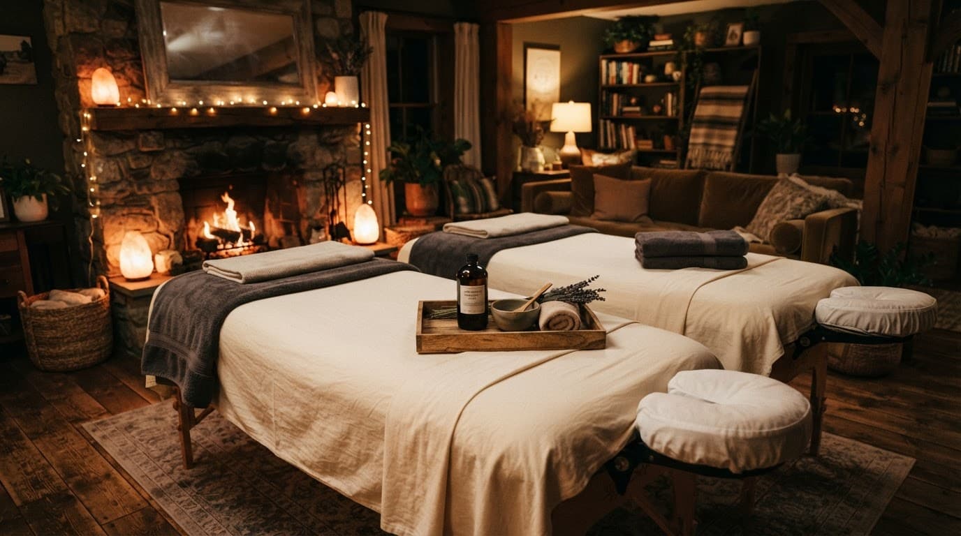 Couples Full Body Massage: A Calm Guide for Two 3 A cozy living room with massage oils, folded towels, and warm lighting.