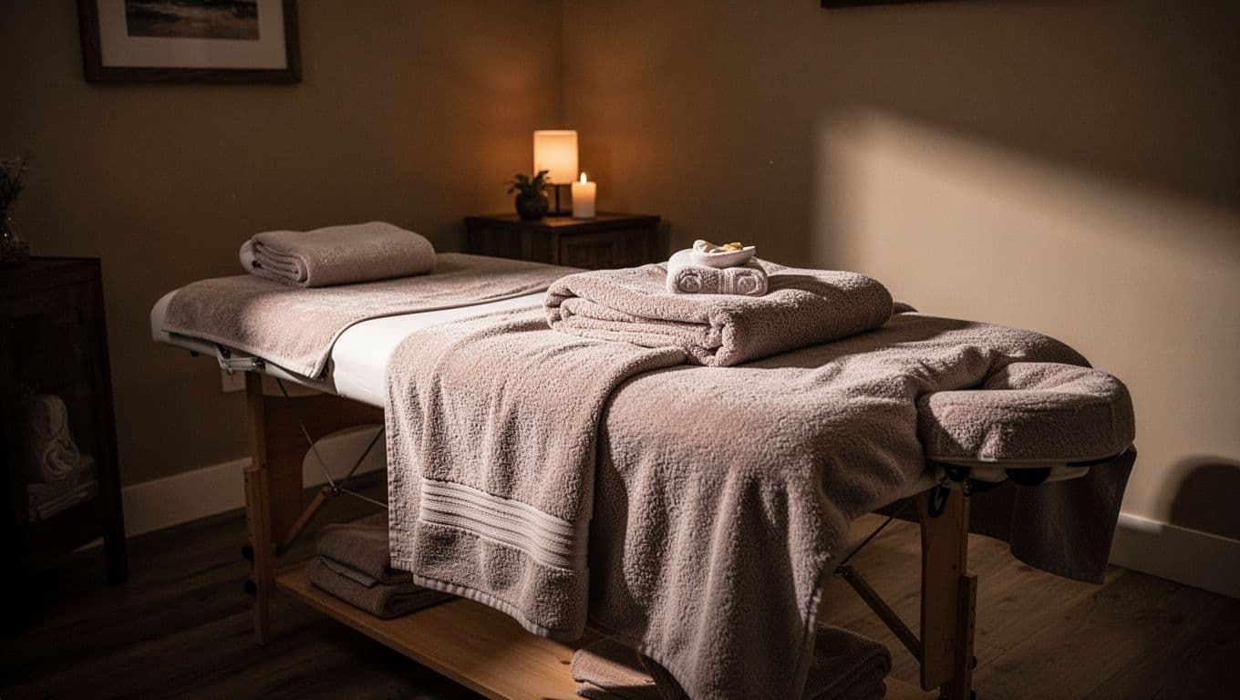 A massage table and folded towels in a warmly lit spa room.