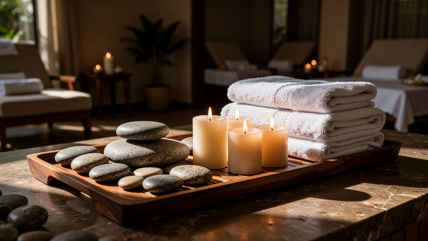 Spa tray with stones, folded towels, and candles in dramatic light.