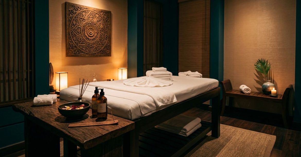 A calm massage room with a prepared table, towels, oils, and wooden decor.