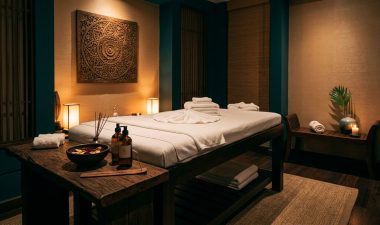 A calm massage room with a prepared table, towels, oils, and wooden decor.