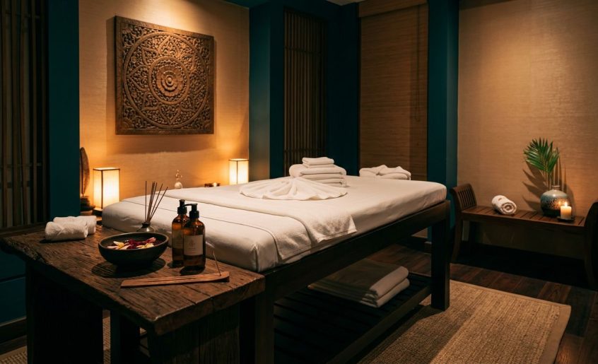 A calm massage room with a prepared table, towels, oils, and wooden decor.