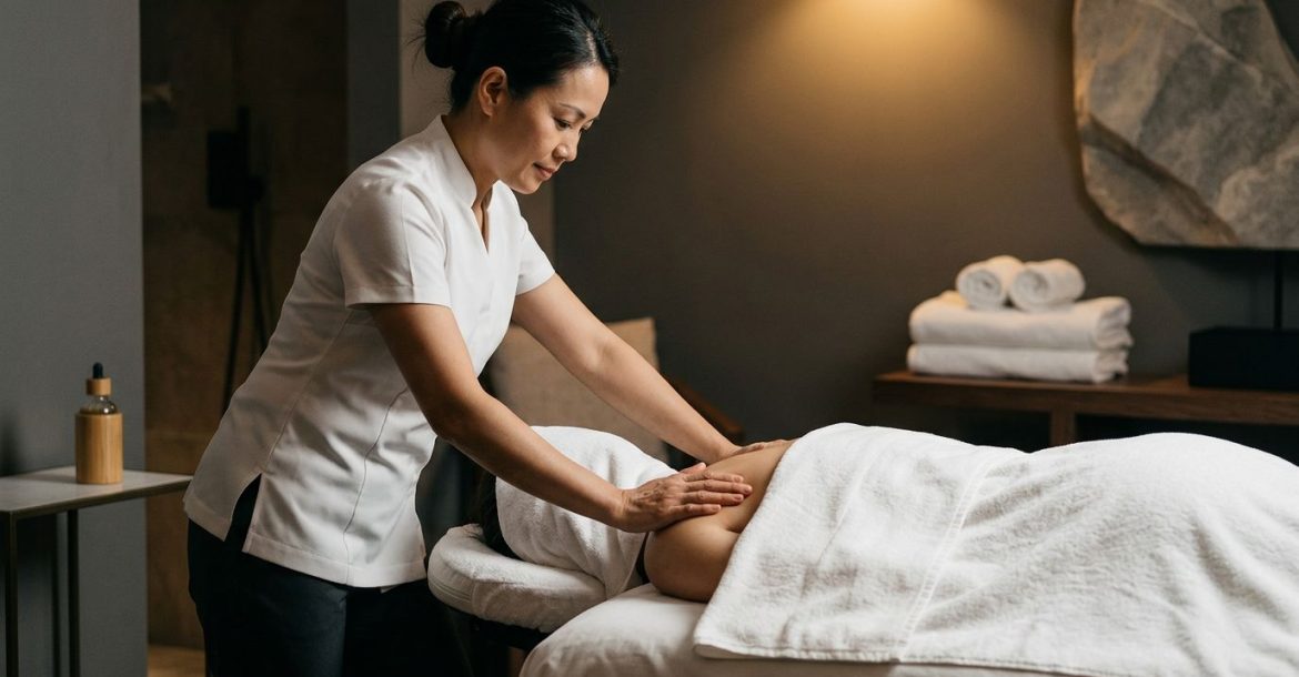 A therapist gently massages a draped client’s shoulder in a calm spa room.