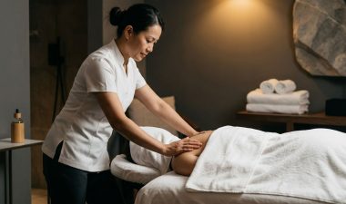 A therapist gently massages a draped client’s shoulder in a calm spa room.