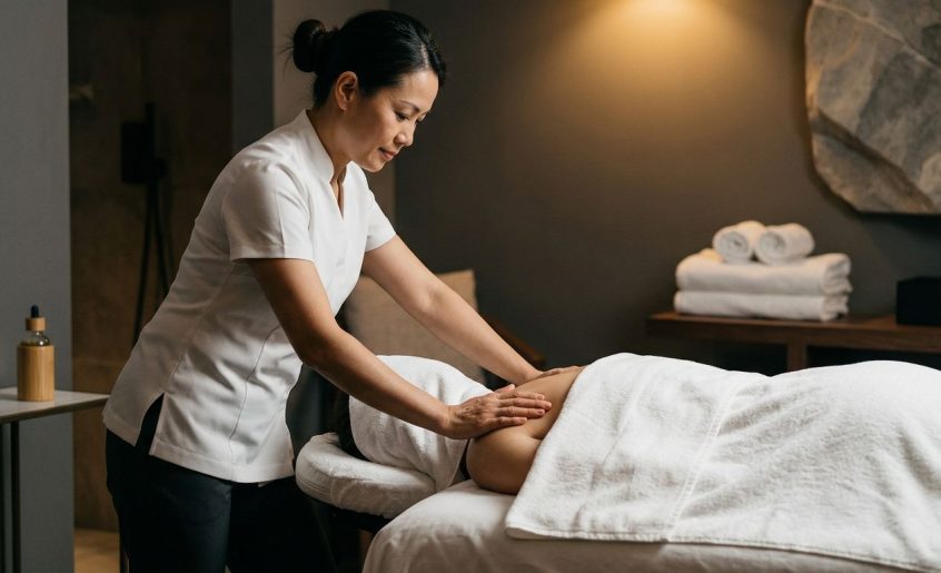 A therapist gently massages a draped client’s shoulder in a calm spa room.