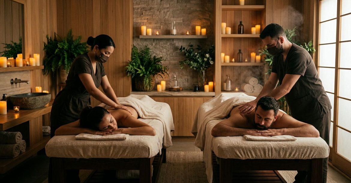 Two adults receive massages side by side in a softly lit spa.