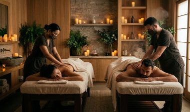 Two adults receive massages side by side in a softly lit spa.