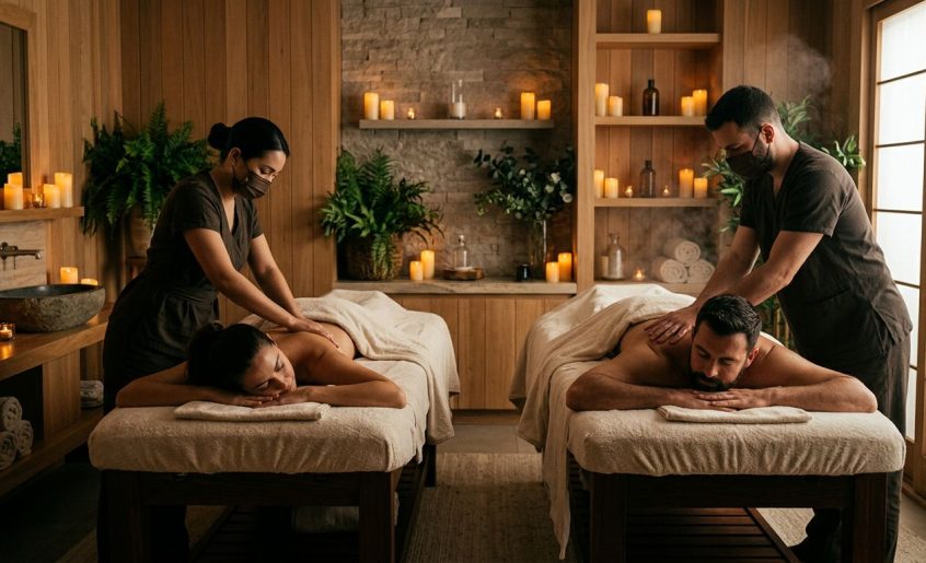 Two adults receive massages side by side in a softly lit spa.