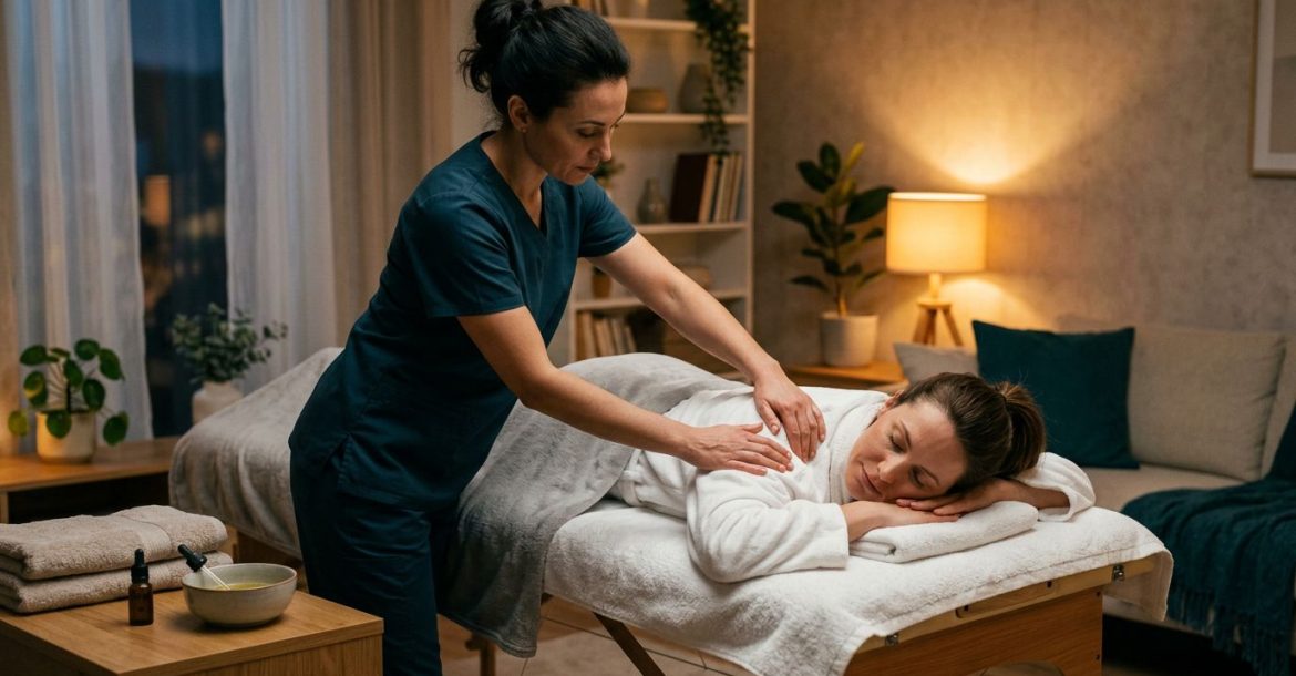 A woman receives a shoulder massage on a table in a softly lit living room.