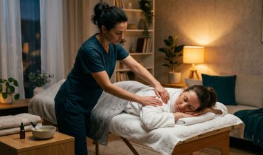 A woman receives a shoulder massage on a table in a softly lit living room.