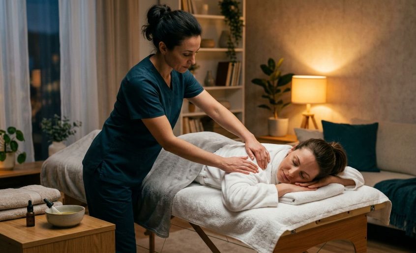 A woman receives a shoulder massage on a table in a softly lit living room.