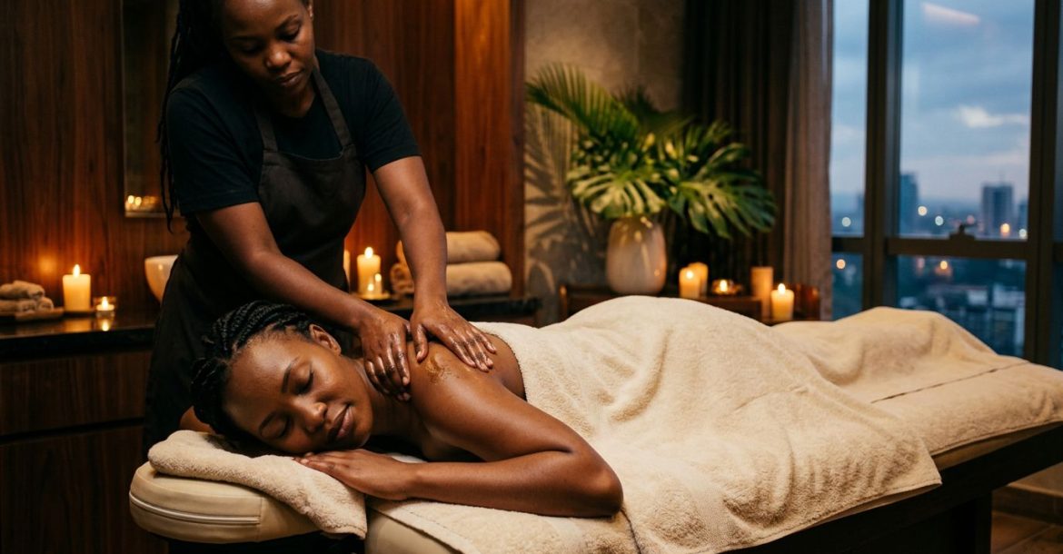 A woman receives a shoulder massage in a warmly lit Nairobi spa.
