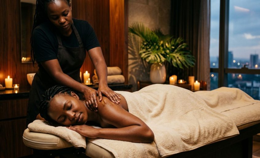 A woman receives a shoulder massage in a warmly lit Nairobi spa.