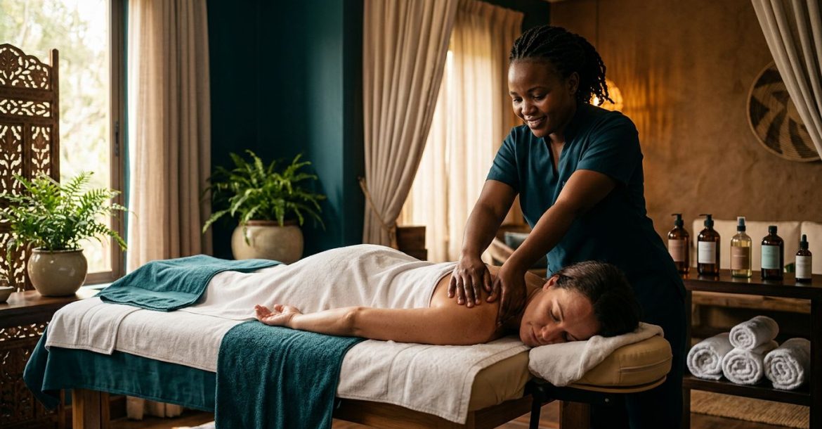 A therapist massages a client’s shoulders on a neatly covered table in a warm spa.