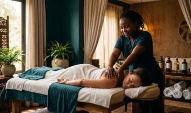 A therapist massages a client’s shoulders on a neatly covered table in a warm spa.