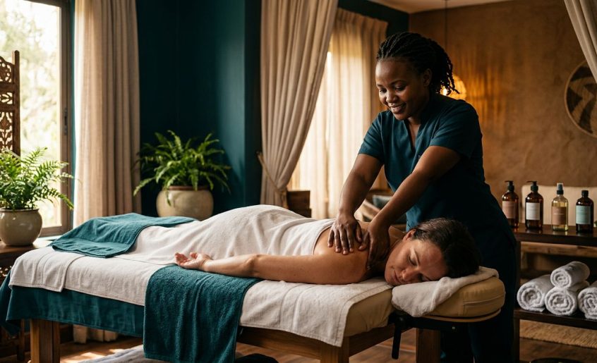 A therapist massages a client’s shoulders on a neatly covered table in a warm spa.