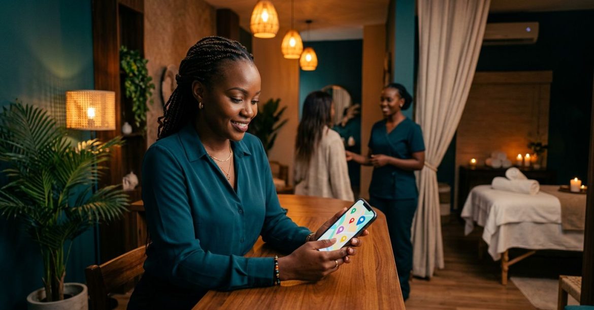 A woman compares massage spas on her phone at a welcoming reception desk.