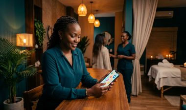 A woman compares massage spas on her phone at a welcoming reception desk.