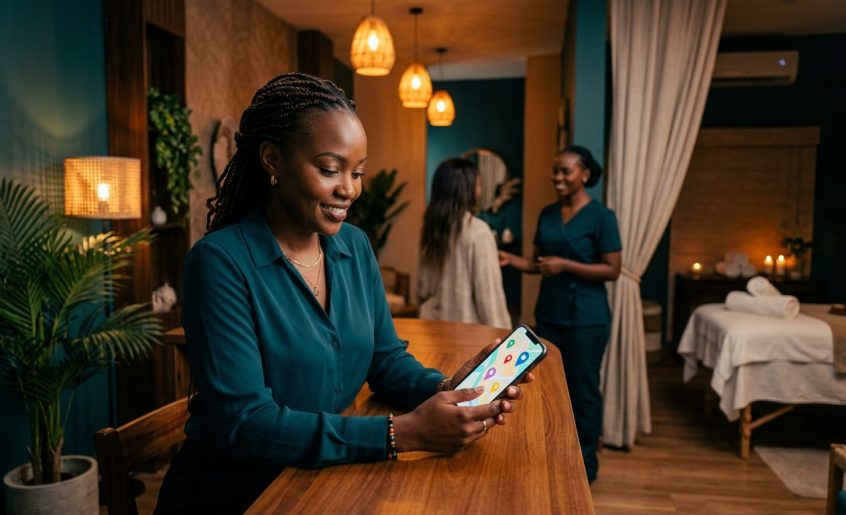 A woman compares massage spas on her phone at a welcoming reception desk.