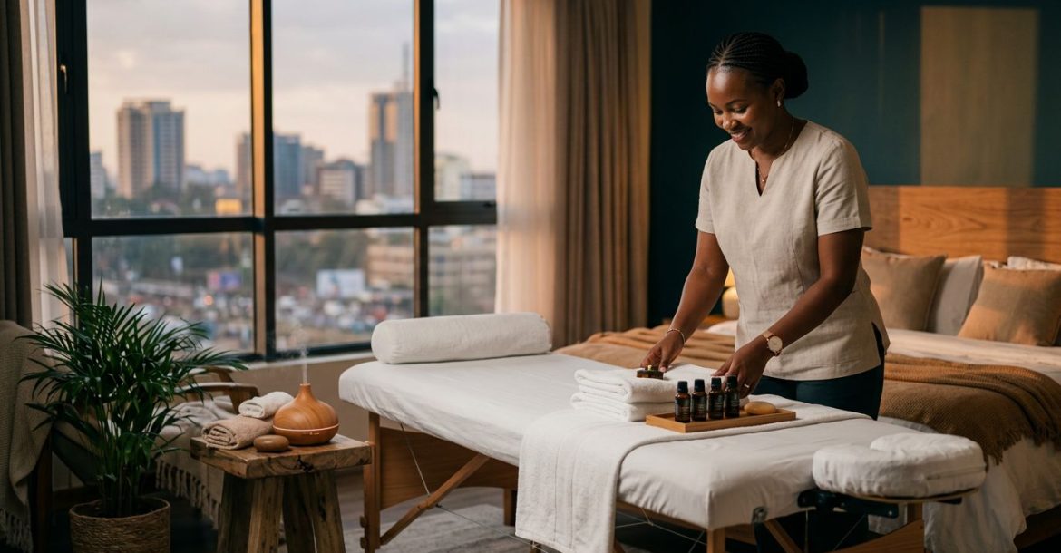 Therapist preparing towels and oils beside a massage table in a softly lit Nairobi bedroom.