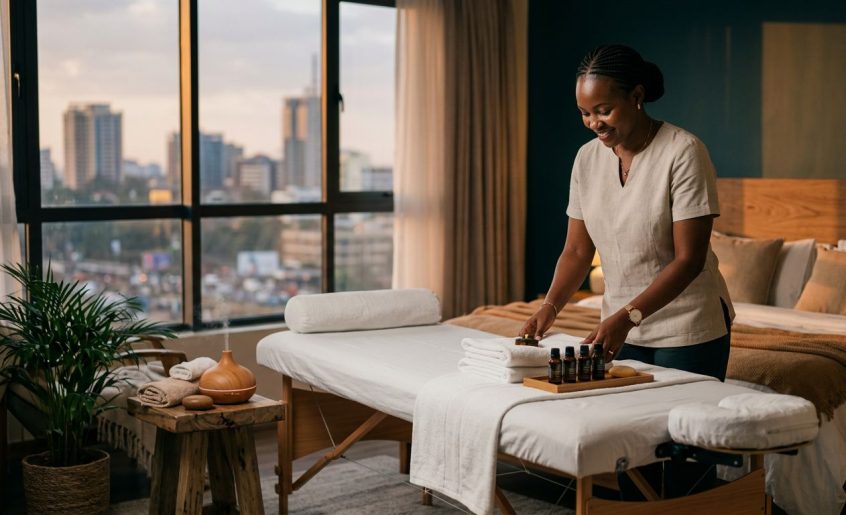 Therapist preparing towels and oils beside a massage table in a softly lit Nairobi bedroom.