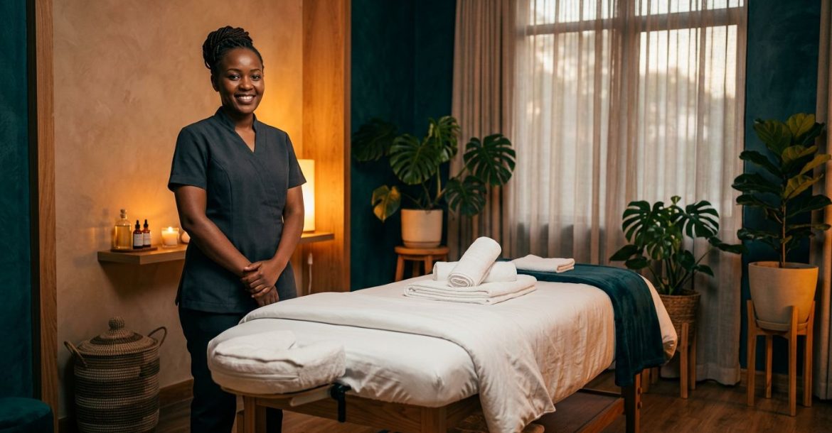 A therapist stands beside a treatment bed with folded towels in a warmly lit room.