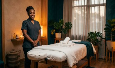 Nairobi Massage: How to Book a Safe, Professional Session 2 A therapist stands beside a treatment bed with folded towels in a warmly lit room.