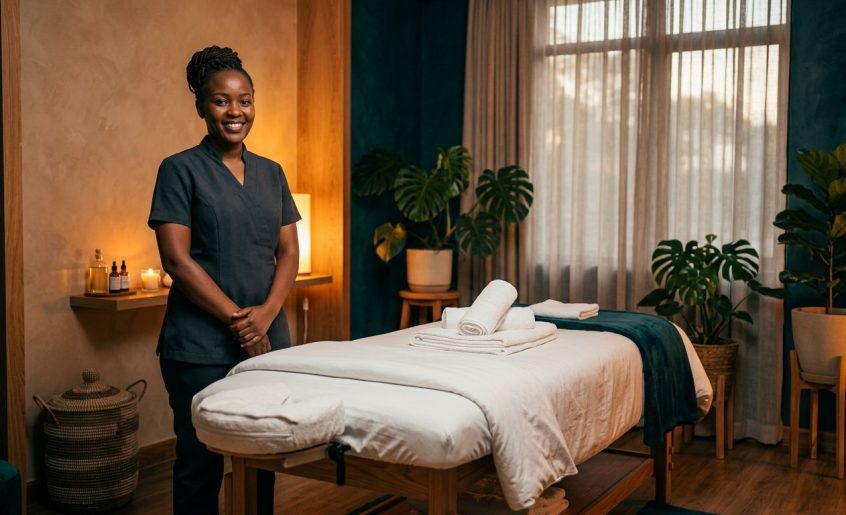 A therapist stands beside a treatment bed with folded towels in a warmly lit room.
