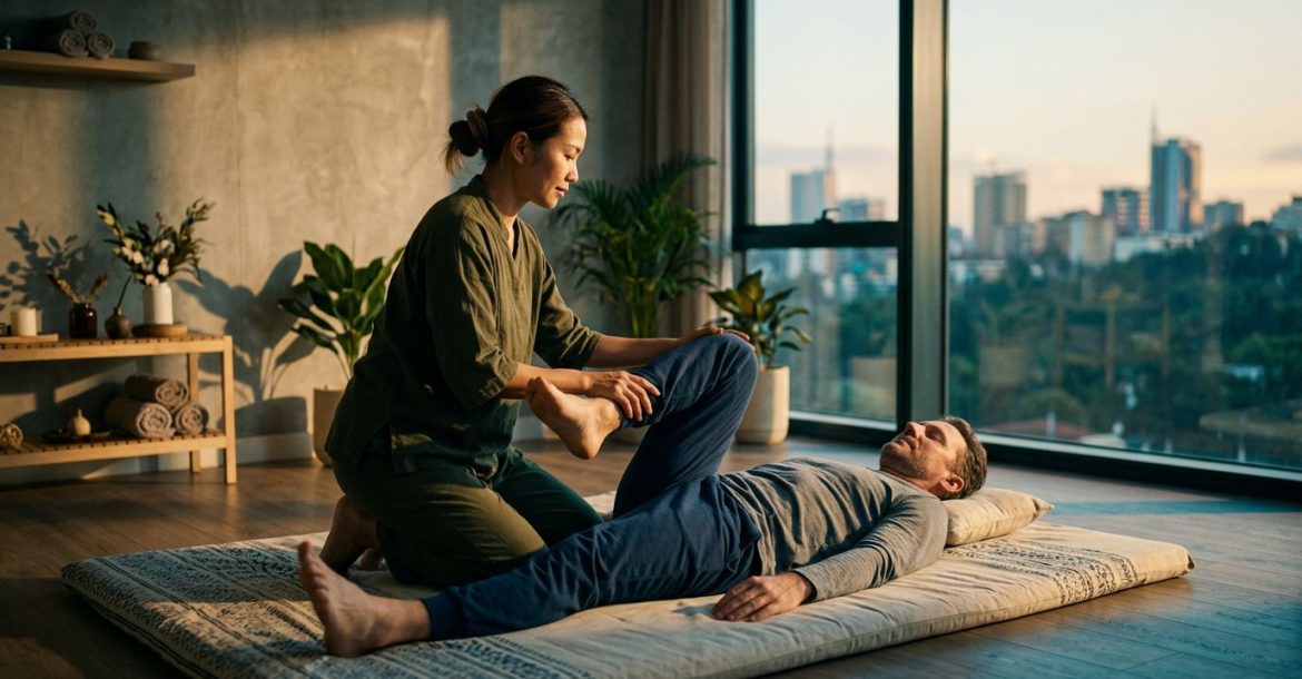 Therapist guiding a client through a gentle stretch on a floor mat in a Nairobi studio.
