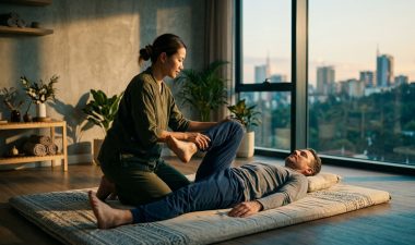 Thai Massage Near Me: A Practical Nairobi Guide 5 Therapist guiding a client through a gentle stretch on a floor mat in a Nairobi studio.