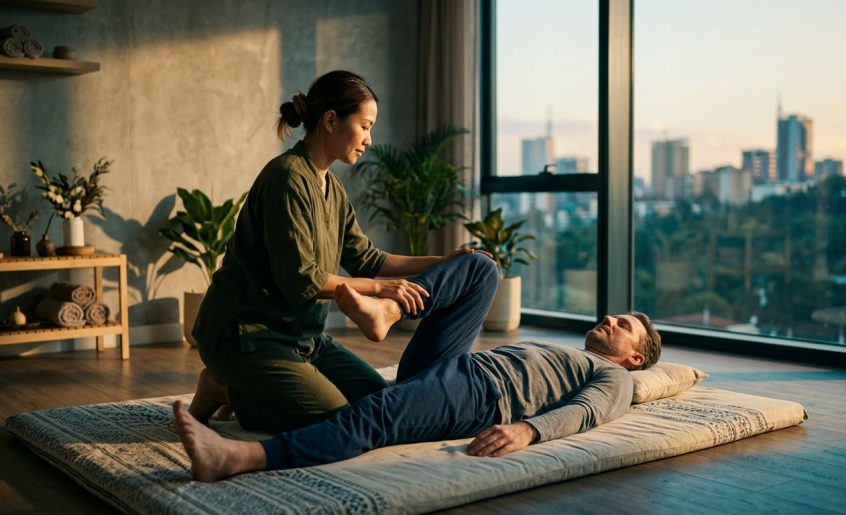 Therapist guiding a client through a gentle stretch on a floor mat in a Nairobi studio.