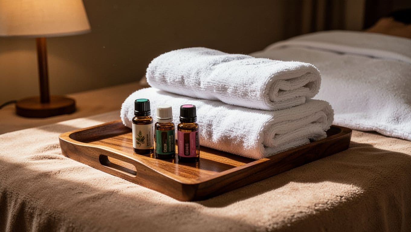 White towels and essential oil bottles arranged on a wooden tray in warm light.