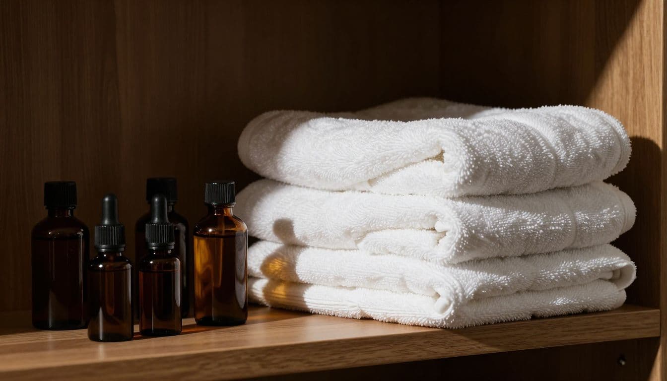 White towels and amber oil bottles arranged on a wooden shelf.