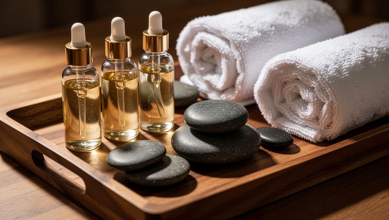 Mobile Massage Nairobi: A Safe Guide to Home Appointments 3 Massage oils, smooth stones, and rolled white towels arranged on a wooden tray.