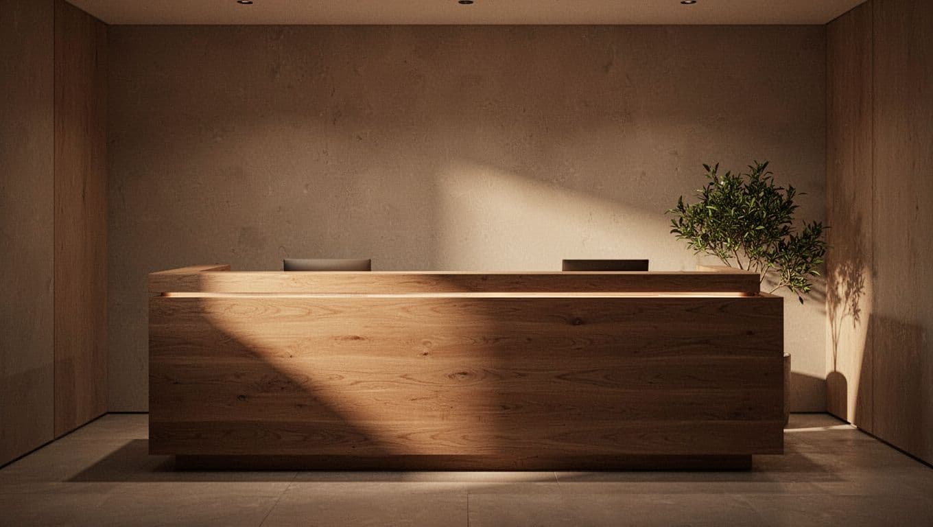 Minimalist spa desk with warm lighting and a small green plant.