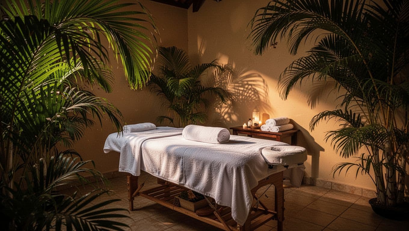 Full Body Massage Mombasa: How to Choose Well 1 A massage table with white towels and palm leaves in a warmly lit spa room.