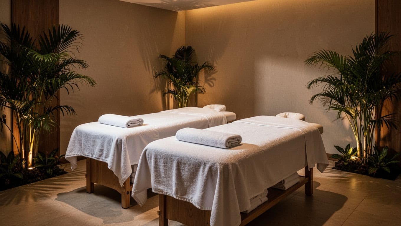 A warm spa room with two massage tables, white towels, and tropical plants.