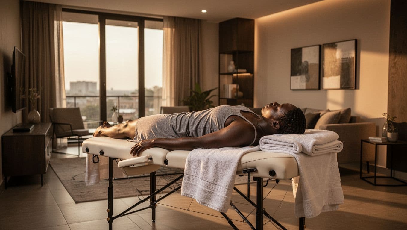Mobile Massage Nairobi: A Safe Guide to Home Appointments 2 A massage table and folded towels in a warmly lit Nairobi living room with one person.