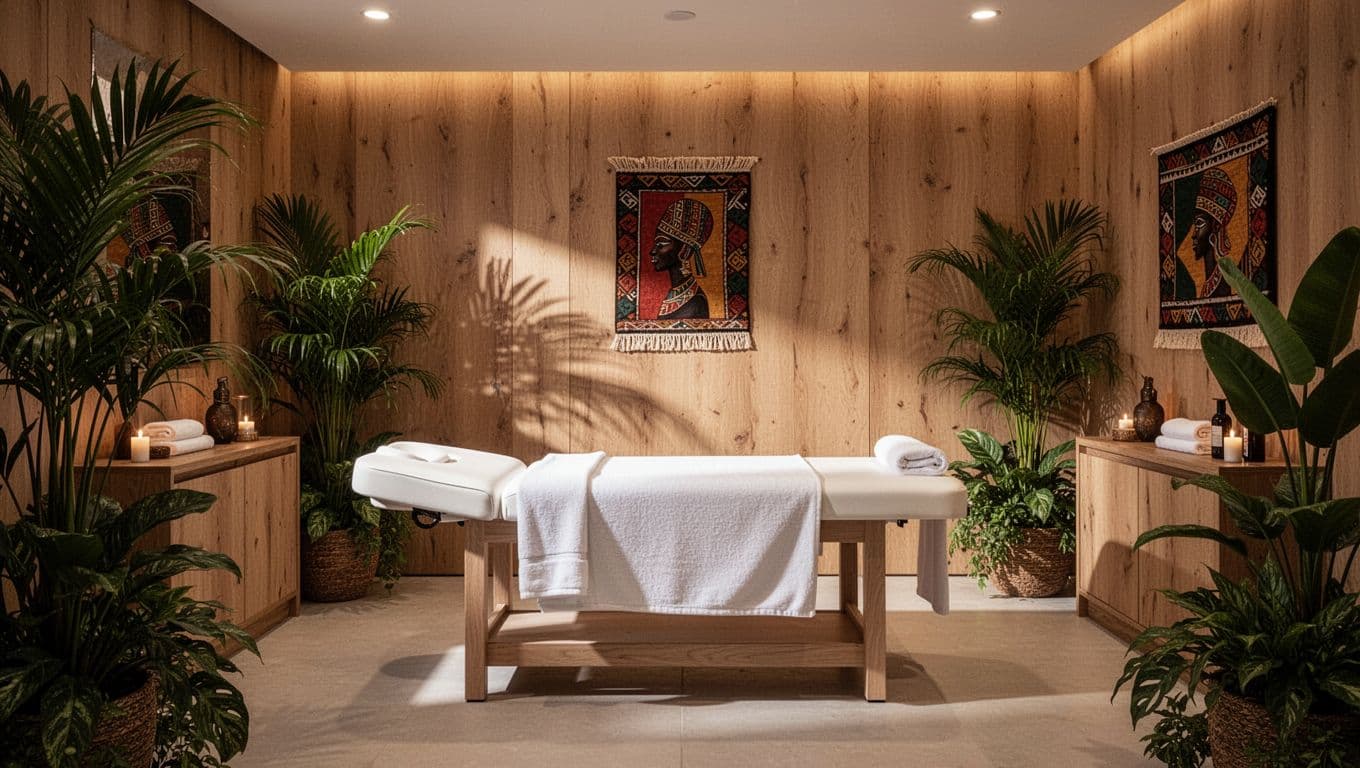 Luxury Nairobi spa room with a white massage table, wood accents, and tropical plants.