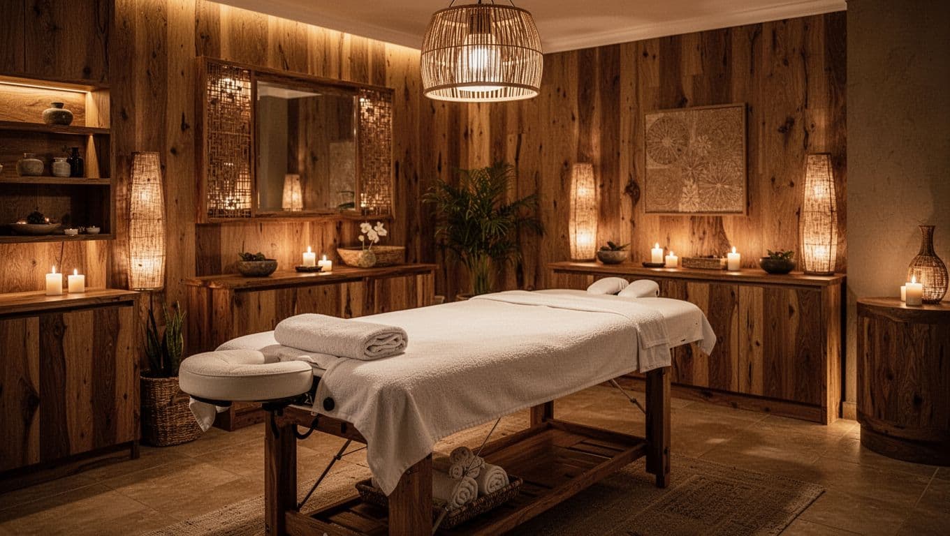 Full body massage Nairobi: Price Guide and Booking Tips 2 A softly lit Nairobi spa room with a prepared massage table and warm wooden decor.