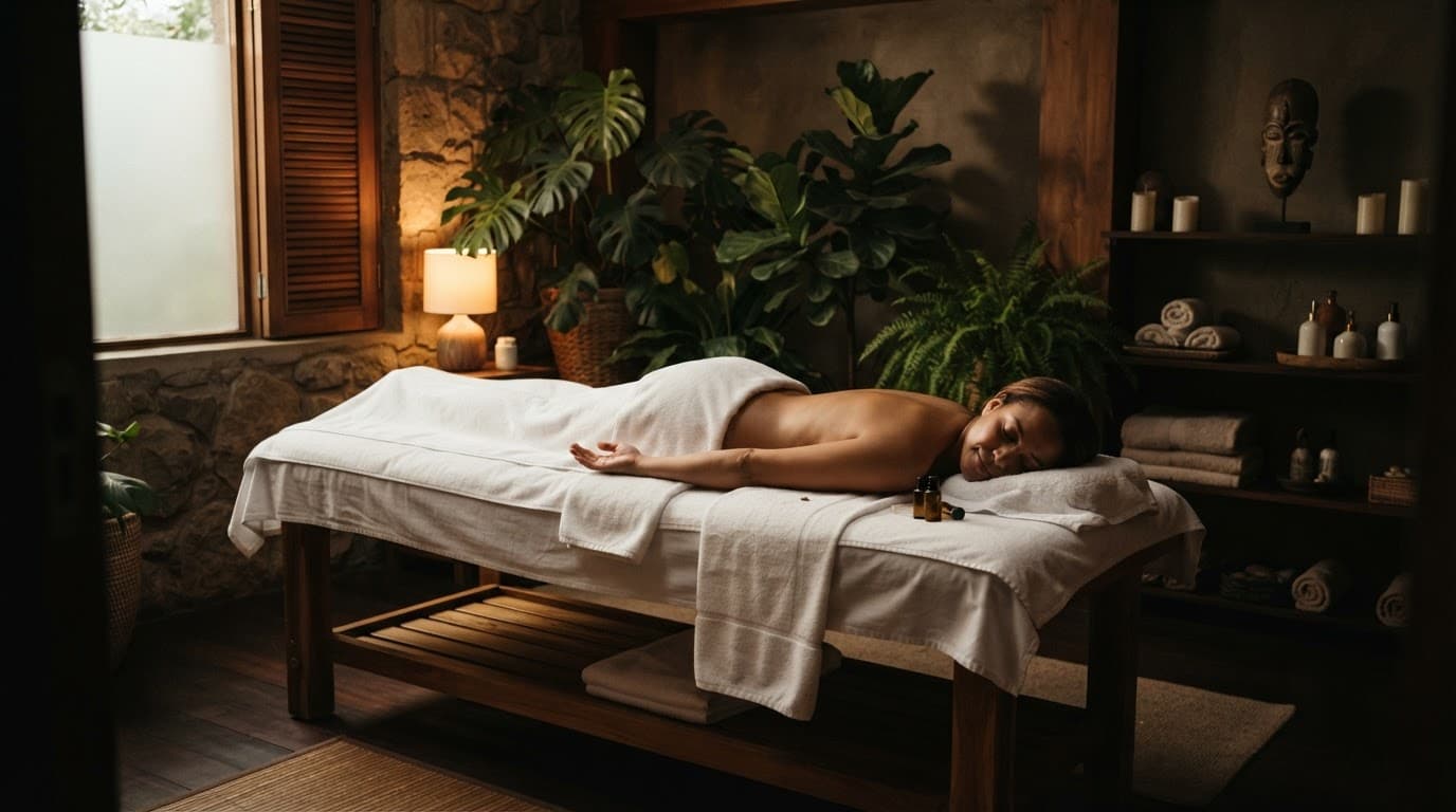 One person relaxes on a clean table beside towels and indoor plants.