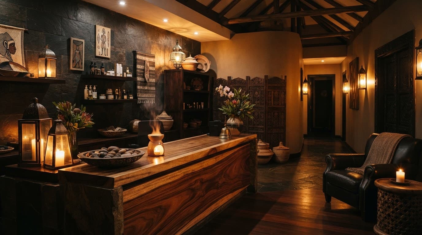 Warmly lit Nairobi spa reception with a wooden desk and elegant decor.