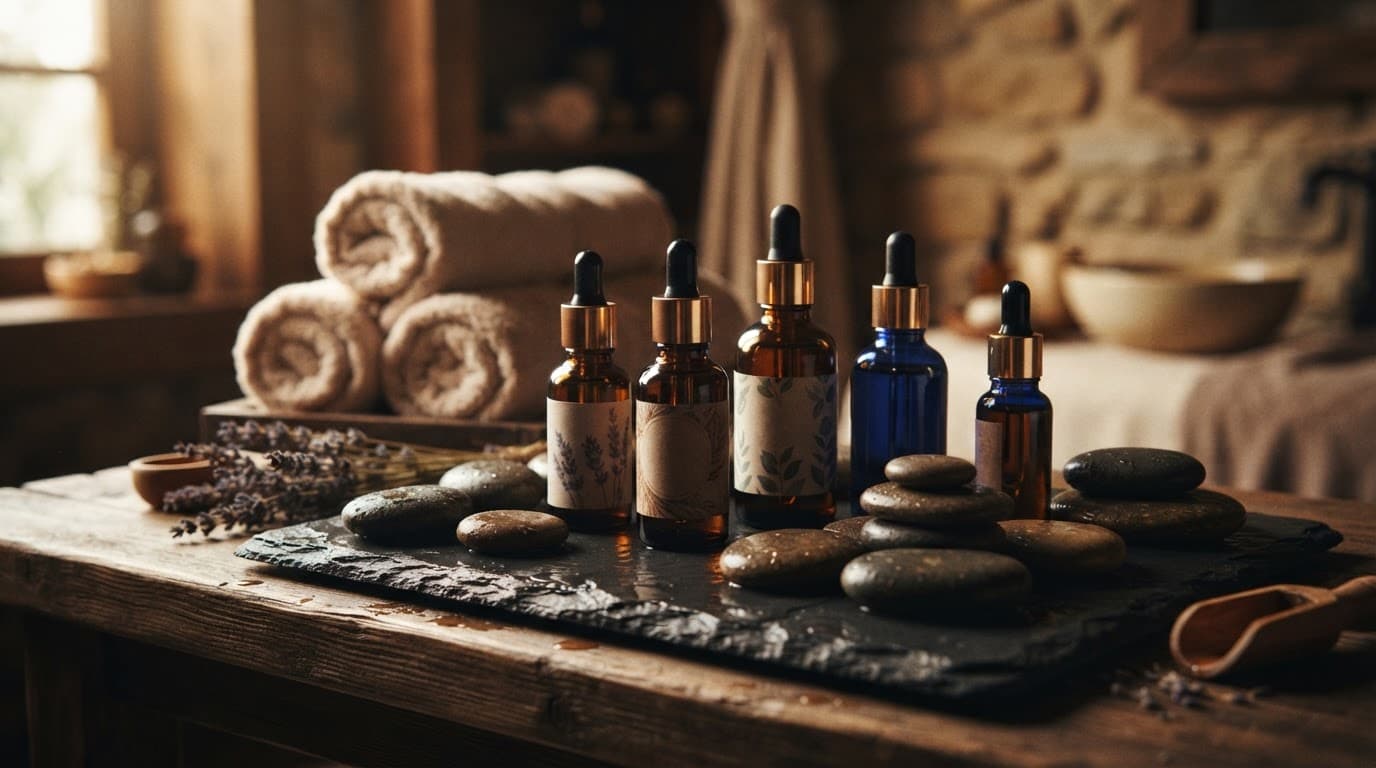 Massage oil bottles and smooth stones arranged on a dark slate tray.