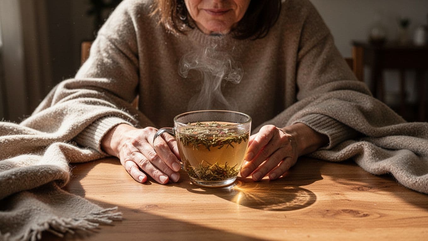 A person looks at a wooden table with tea and a folded blanket.