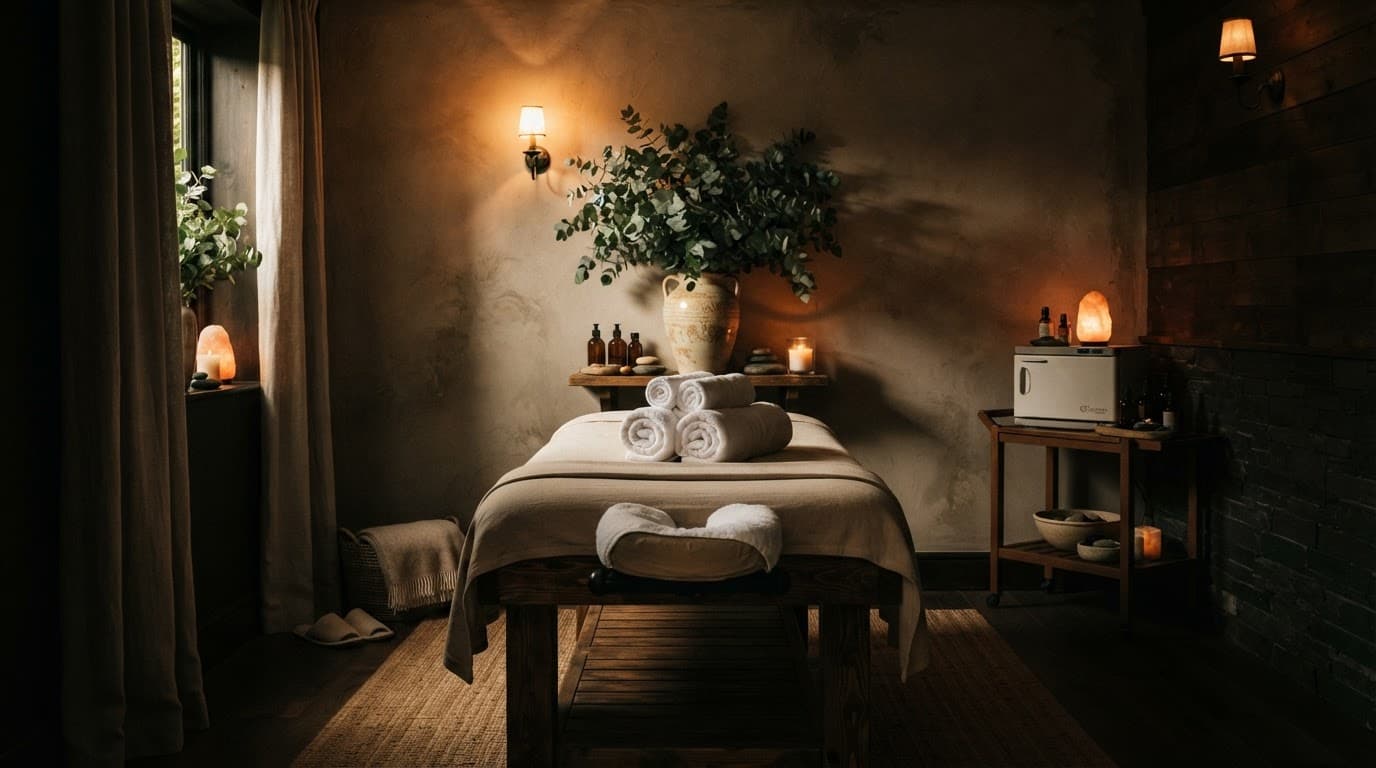 Warm spa room with rolled towels, a wooden massage table, and eucalyptus plants.
